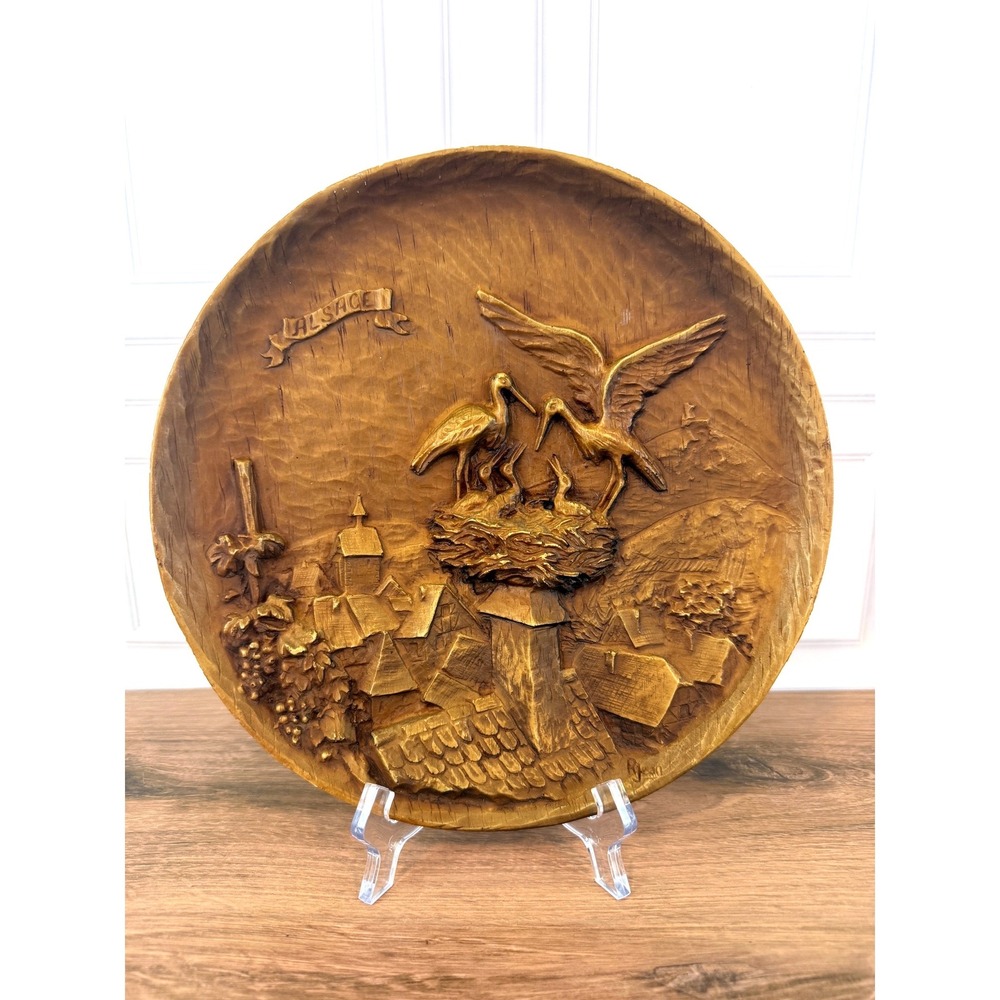 VTG Hand Carved Wood Look Resin Wall Plate Alsace‎ France Storks on Rooftop